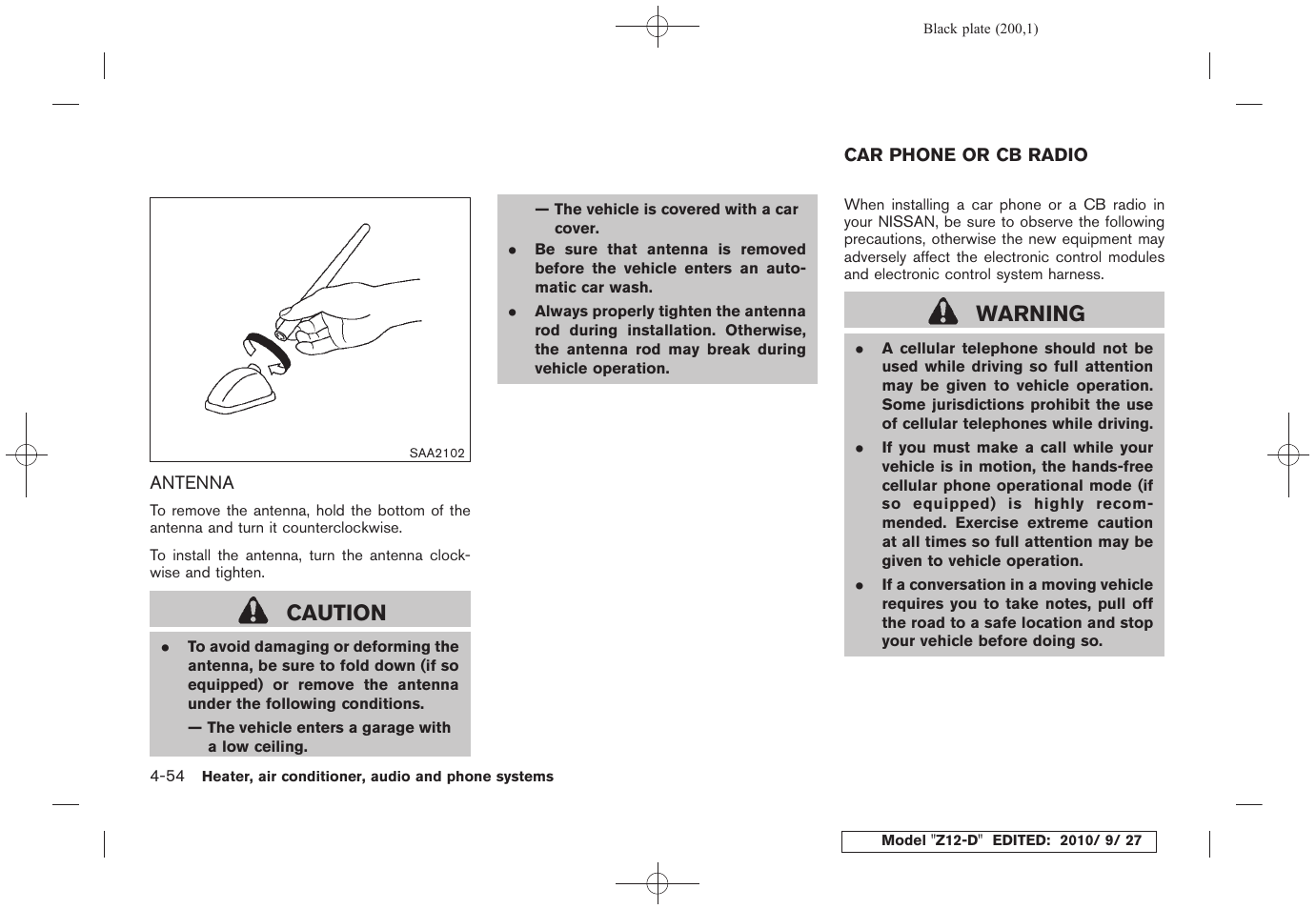 Antenna -54, Car phone or cb radio -54, Caution | Warning | NISSAN 2011 Cube User Manual | Page 202 / 345