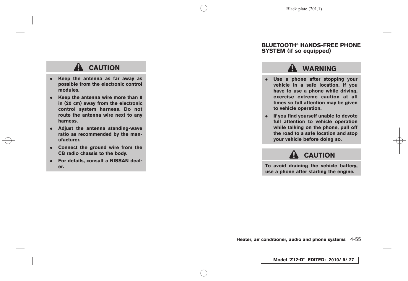 Bluetooth, Hands-free phone system, If so equipped) -55 | Caution, Warning | NISSAN 2011 Cube User Manual | Page 203 / 345