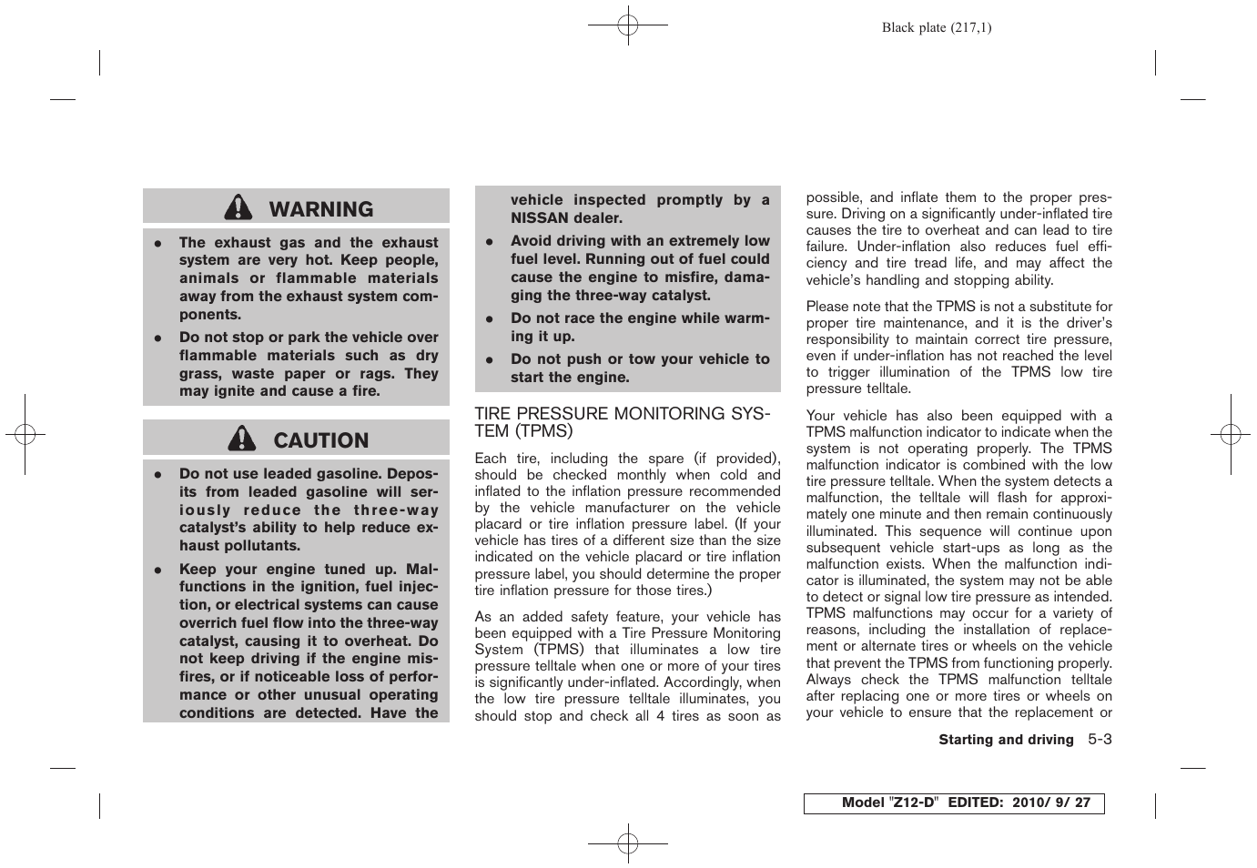 Tire pressure monitoring system (tpms) -3, Warning, Caution | NISSAN 2011 Cube User Manual | Page 219 / 345