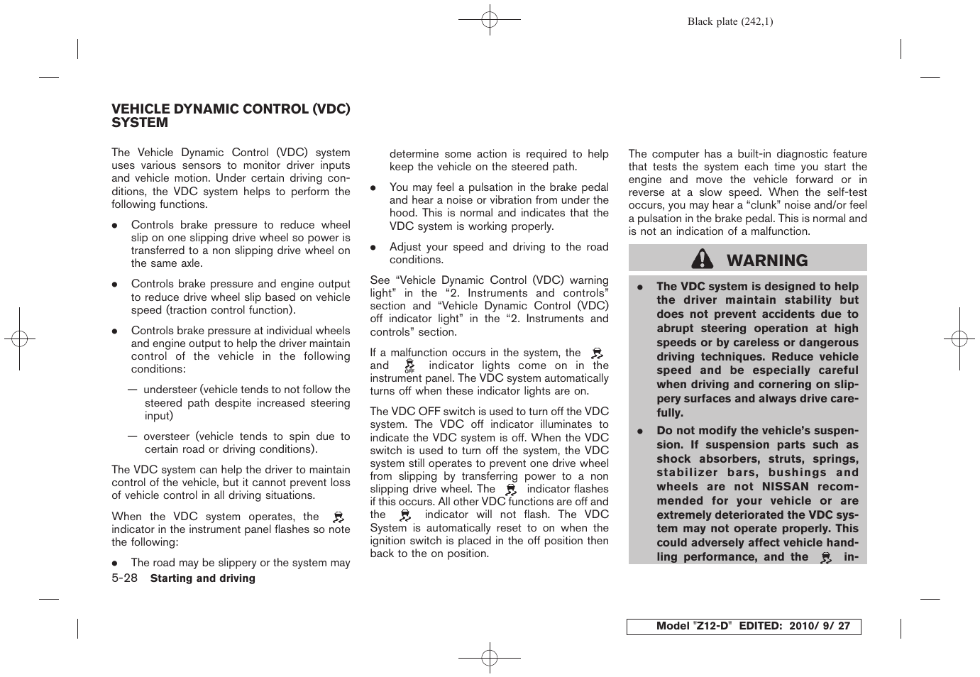 Vehicle dynamic control (vdc) system -28, Warning | NISSAN 2011 Cube User Manual | Page 244 / 345