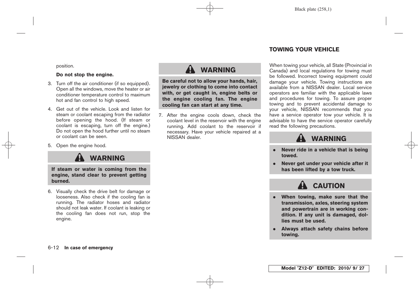 Towing your vehicle -12, Warning, Caution | NISSAN 2011 Cube User Manual | Page 260 / 345