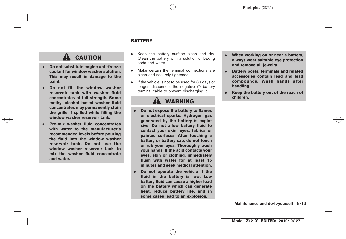Battery -13, Caution, Warning | NISSAN 2011 Cube User Manual | Page 287 / 345