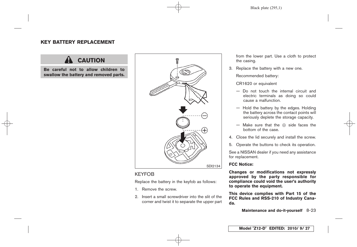 Key battery replacement -23, Keyfob -23, Caution | NISSAN 2011 Cube User Manual | Page 297 / 345