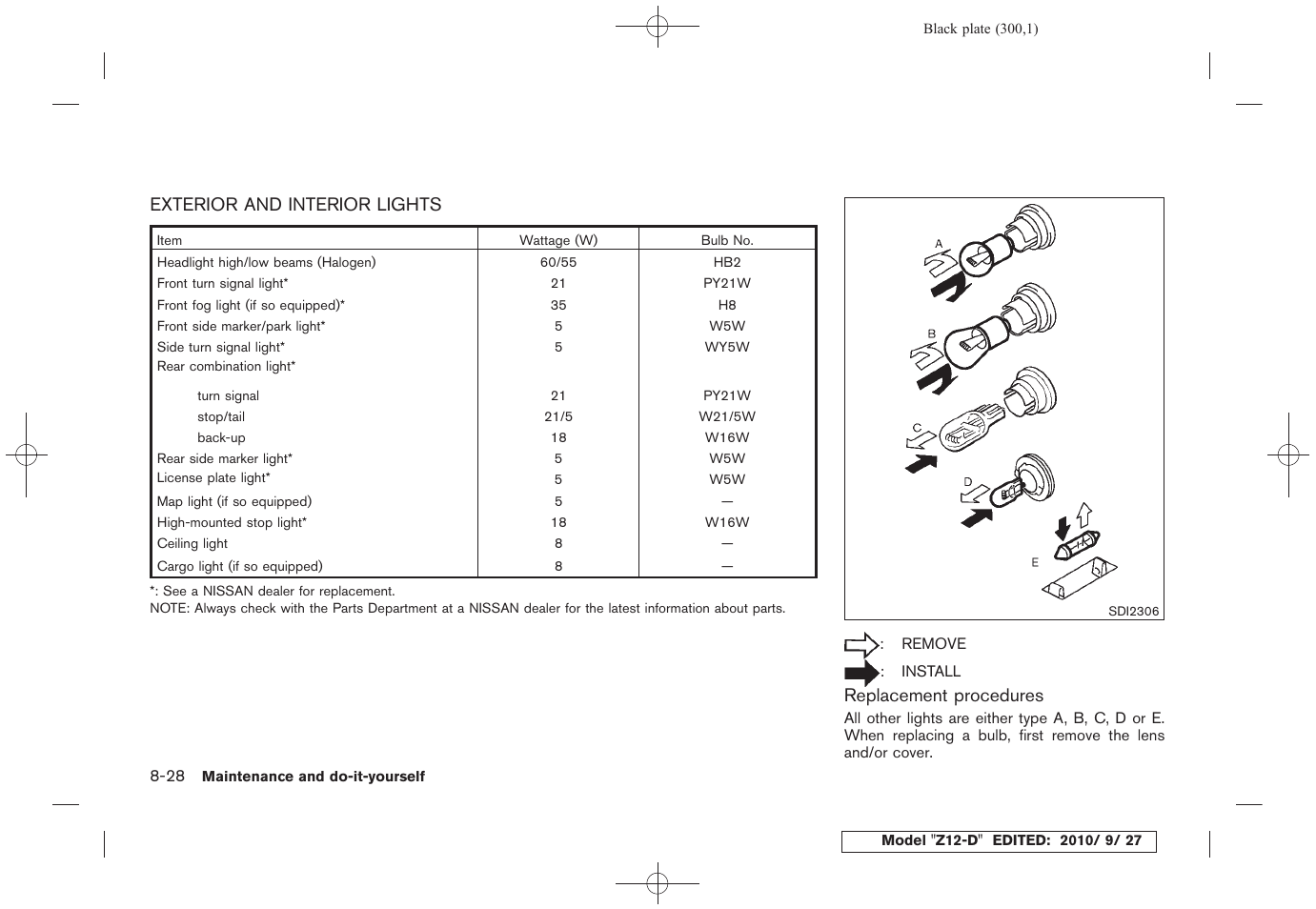 Exterior and interior lights -28 | NISSAN 2011 Cube User Manual | Page 302 / 345