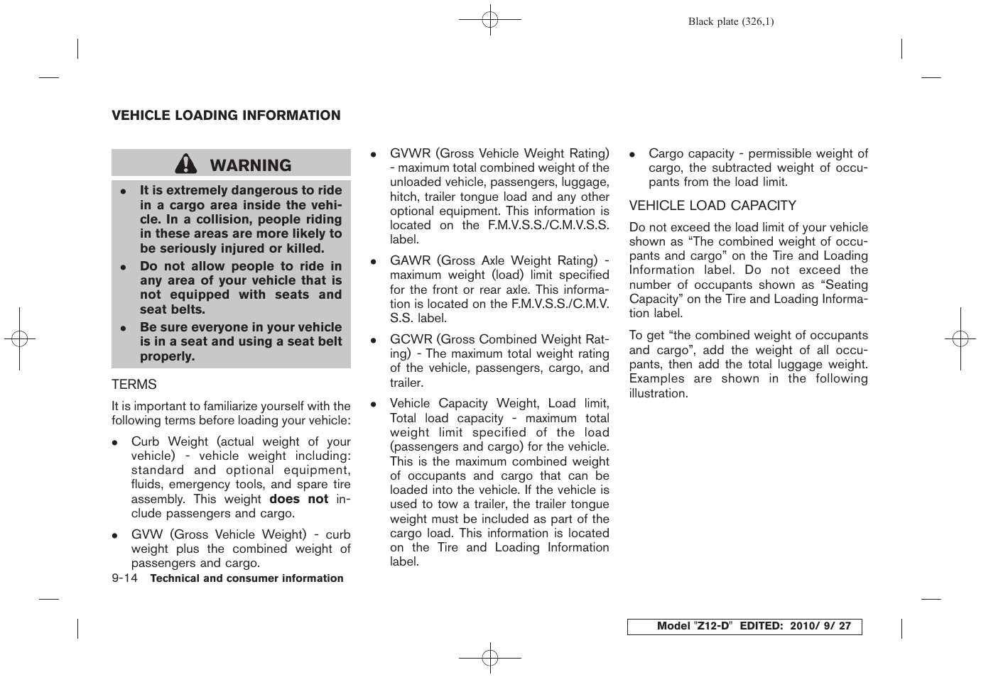 Vehicle loading information -14, Terms -14 vehicle load capacity -14, Warning | NISSAN 2011 Cube User Manual | Page 328 / 345