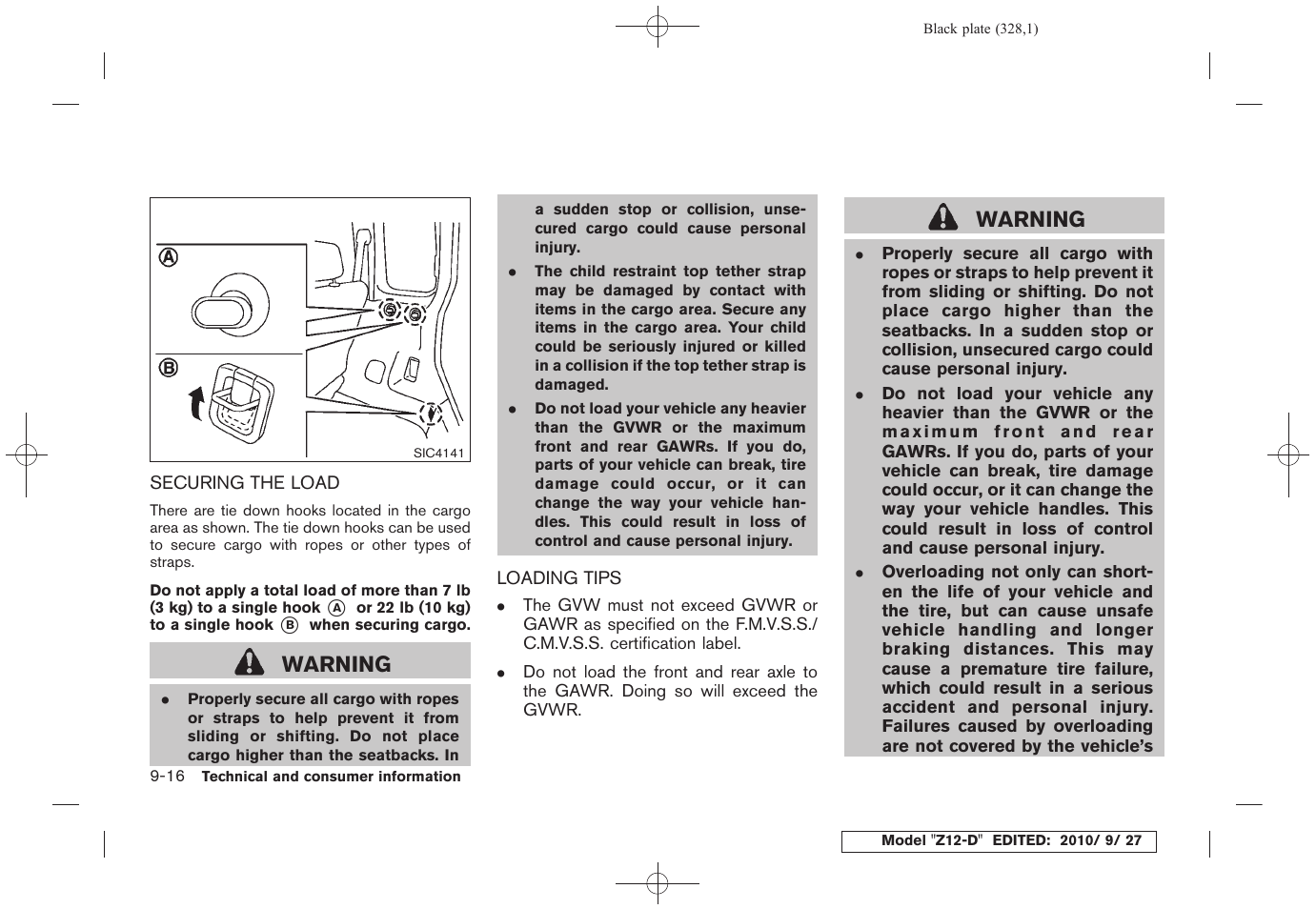Securing the load -16 loading tips -16, Warning | NISSAN 2011 Cube User Manual | Page 330 / 345