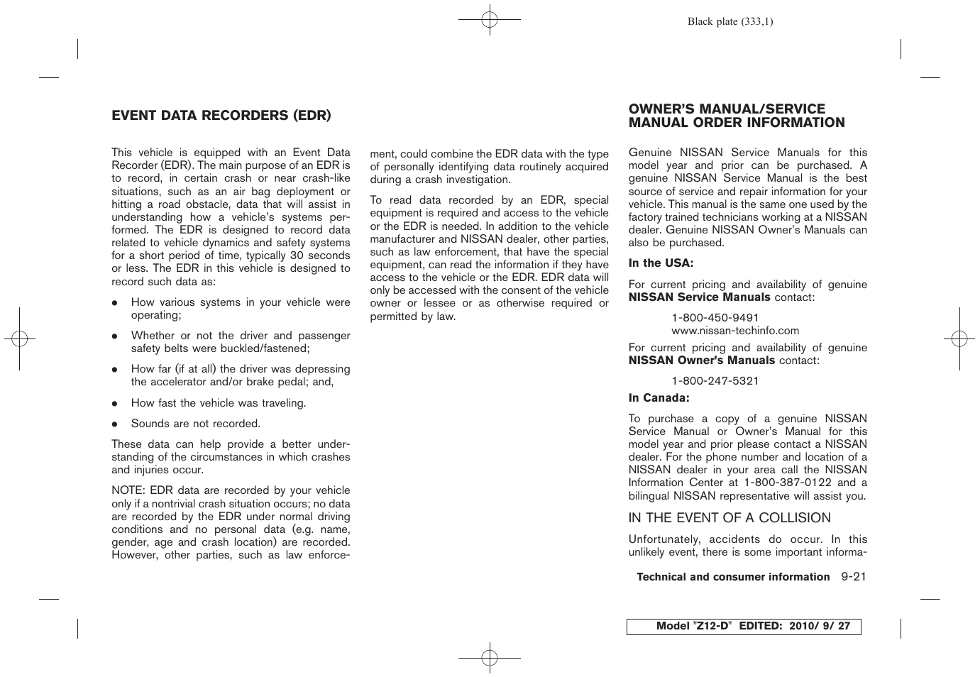In the event of a collision -21 | NISSAN 2011 Cube User Manual | Page 335 / 345