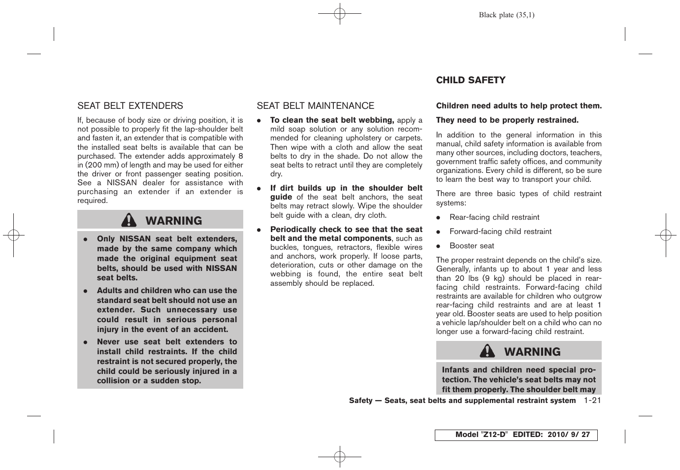 Seat belt extenders -21 seat belt maintenance -21, Child safety -21, Warning | NISSAN 2011 Cube User Manual | Page 39 / 345