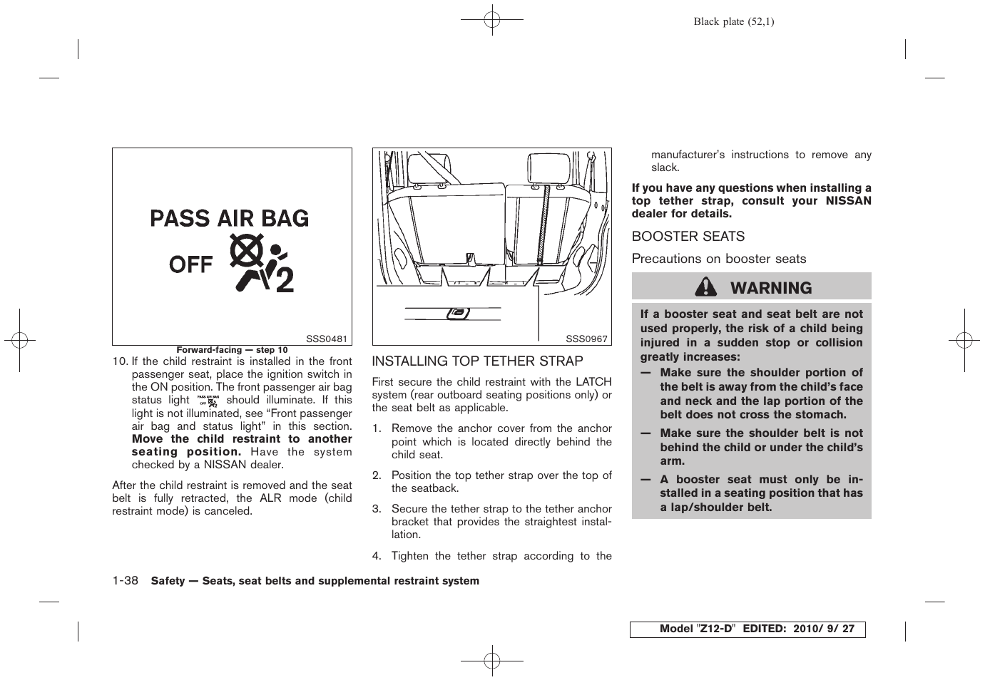 Installing top tether strap -38 booster seats -38, Warning | NISSAN 2011 Cube User Manual | Page 56 / 345