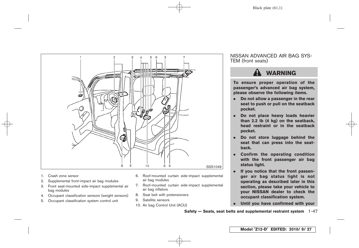 Nissan advanced air bag system (front seats) -47, Warning | NISSAN 2011 Cube User Manual | Page 65 / 345