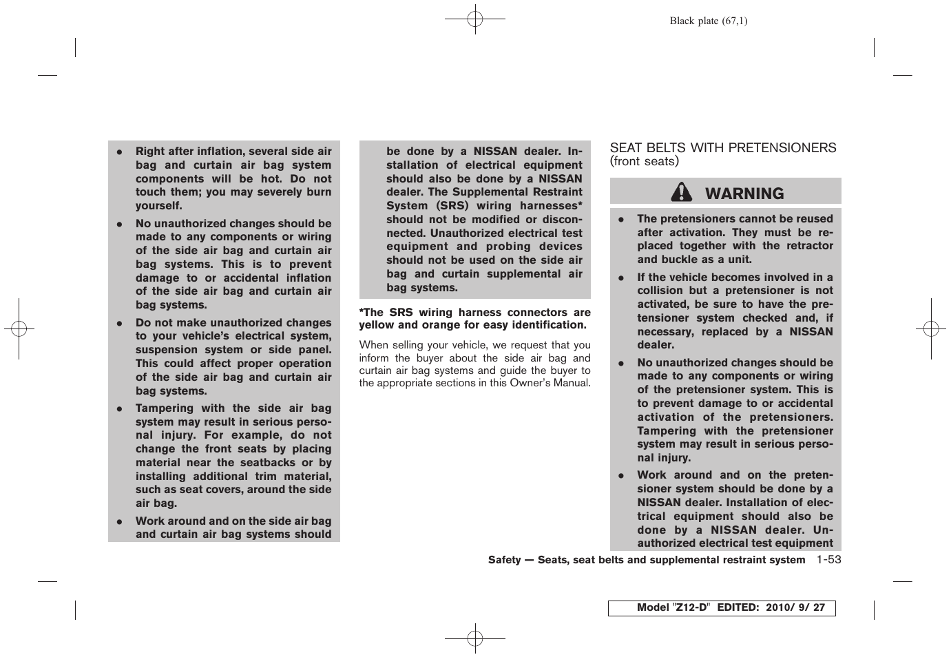 Seat belts with pretensioners (front seats) -53, Warning | NISSAN 2011 Cube User Manual | Page 71 / 345