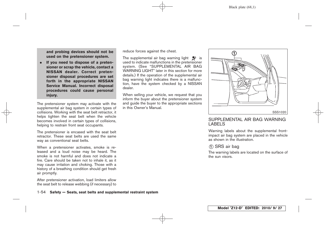 Supplemental air bag warning labels -54 | NISSAN 2011 Cube User Manual | Page 72 / 345