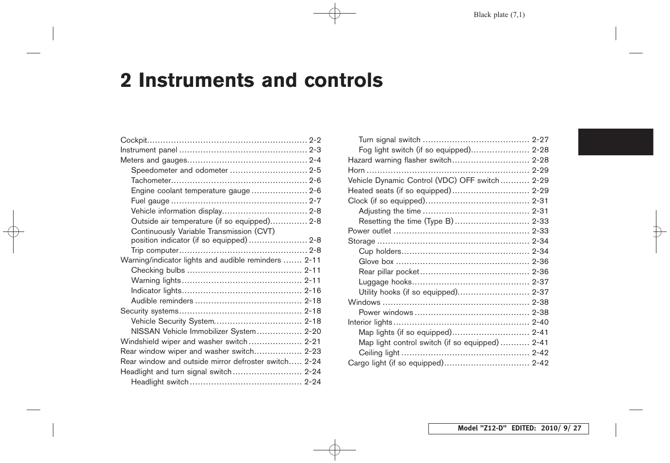 Instruments and controls, 2 instruments and controls | NISSAN 2011 Cube User Manual | Page 75 / 345