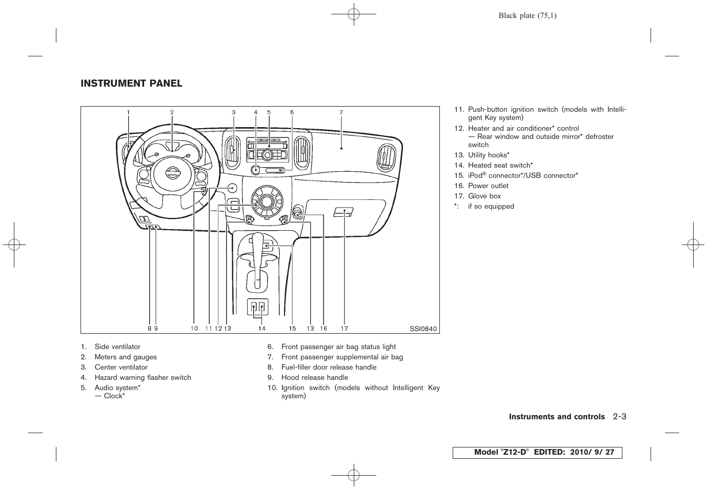 Instrument panel -3 | NISSAN 2011 Cube User Manual | Page 77 / 345