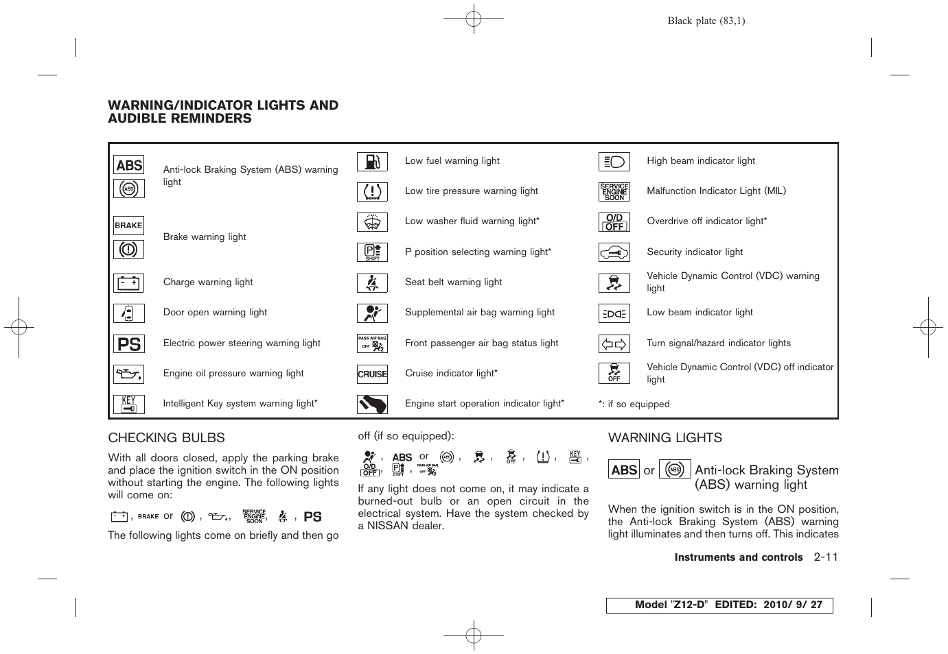 Warning/indicator lights and audible reminders -11, Checking bulbs -11 warning lights -11 | NISSAN 2011 Cube User Manual | Page 85 / 345