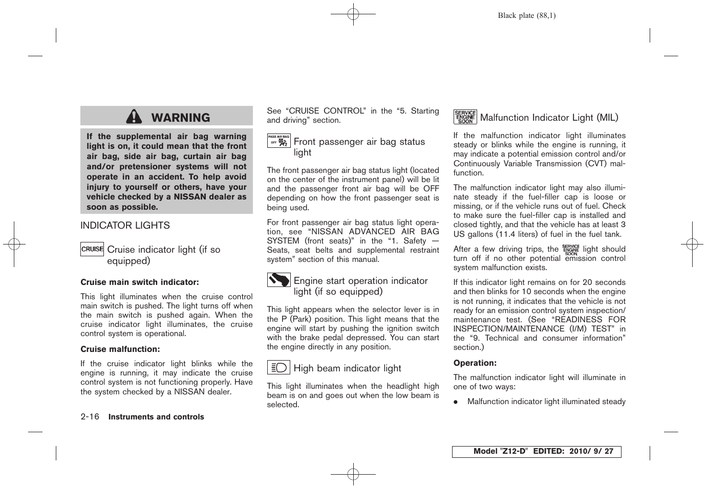 Indicator lights -16, Warning | NISSAN 2011 Cube User Manual | Page 90 / 345