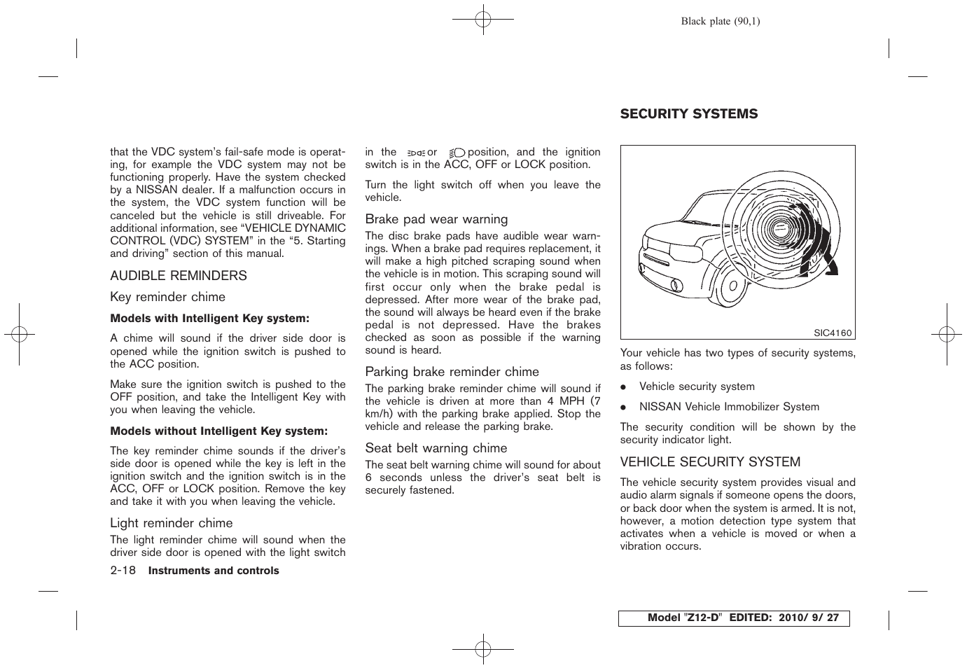 Audible reminders -18, Security systems -18, Vehicle security system -18 | NISSAN 2011 Cube User Manual | Page 92 / 345