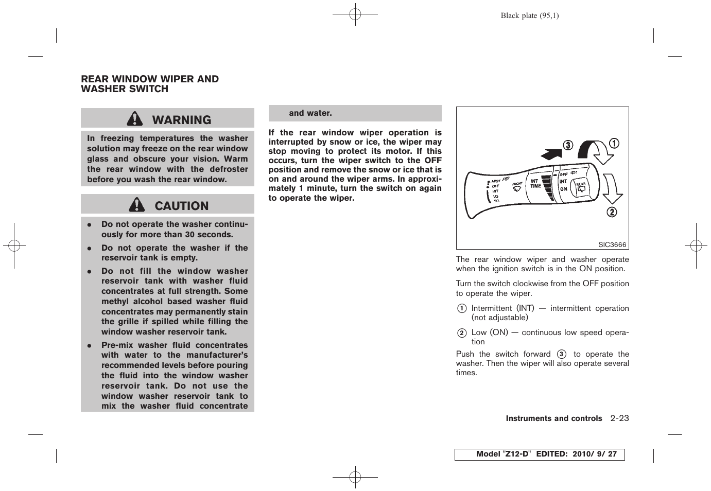 Rear window wiper and washer switch -23, Warning, Caution | NISSAN 2011 Cube User Manual | Page 97 / 345