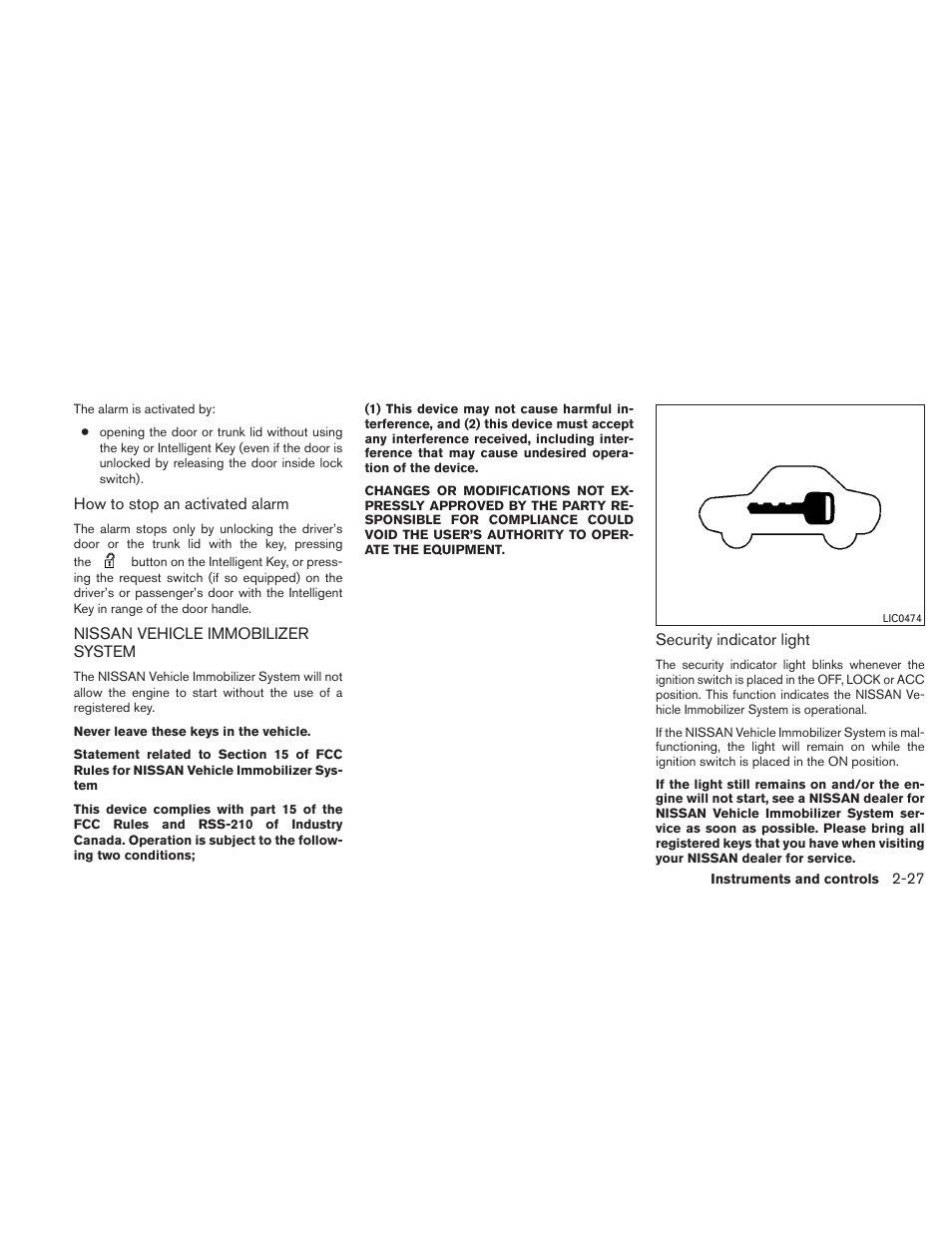 Nissan vehicle immobilizer system -27 | NISSAN 2011 Altima User Manual | Page 106 / 446