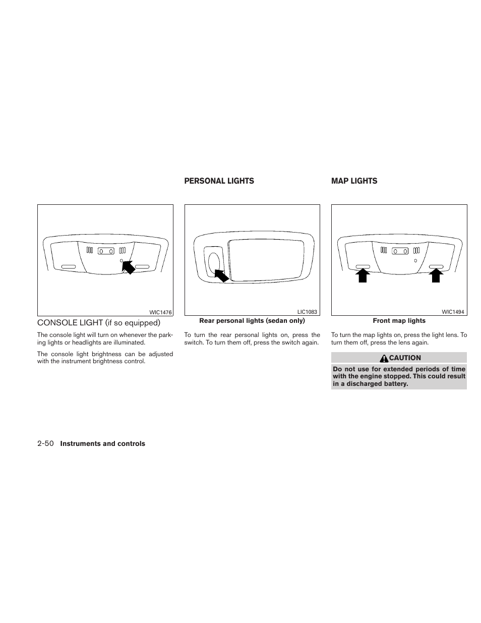 Console light (if so equipped) -50, Personal lights -50 map lights -50 | NISSAN 2011 Altima User Manual | Page 129 / 446