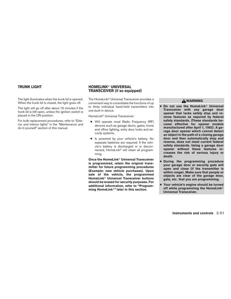 Trunk light -51 homelink, Universal transceiver (if so equipped) -51 | NISSAN 2011 Altima User Manual | Page 130 / 446