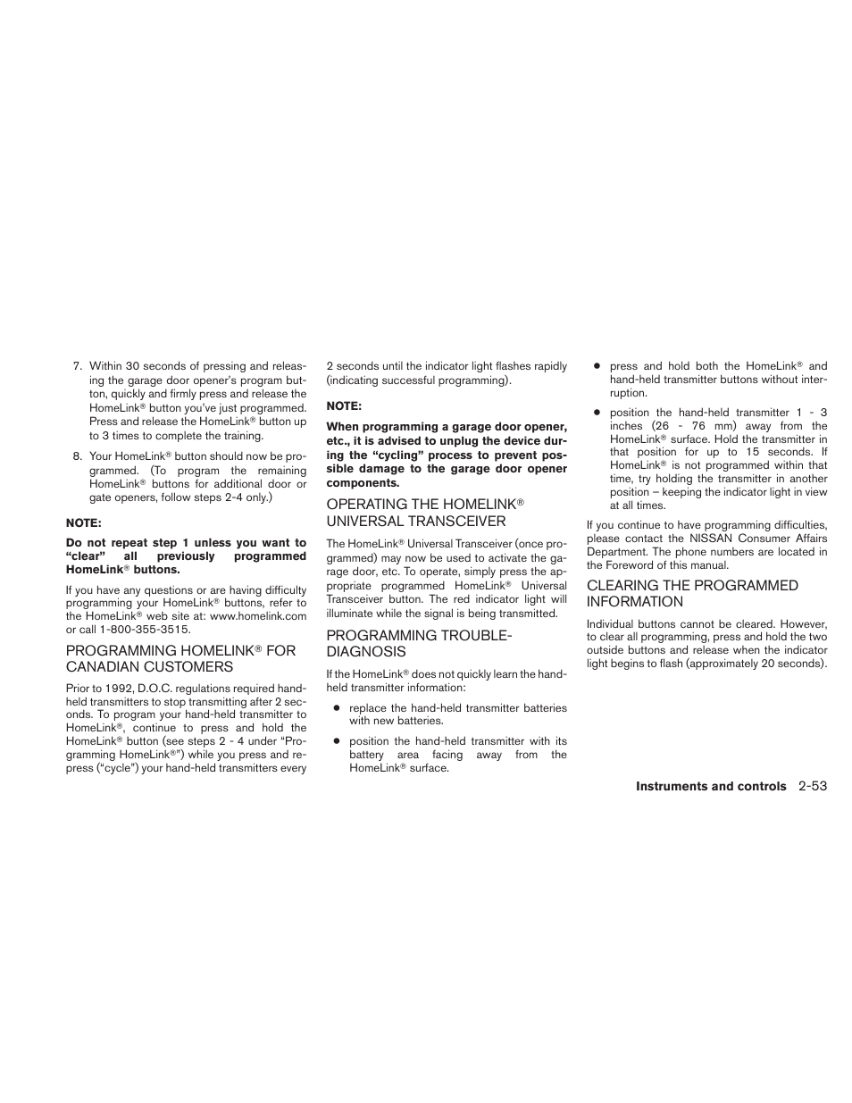 Programming homelink, For canadian, Customers -53 operating the homelink | Universal | NISSAN 2011 Altima User Manual | Page 132 / 446