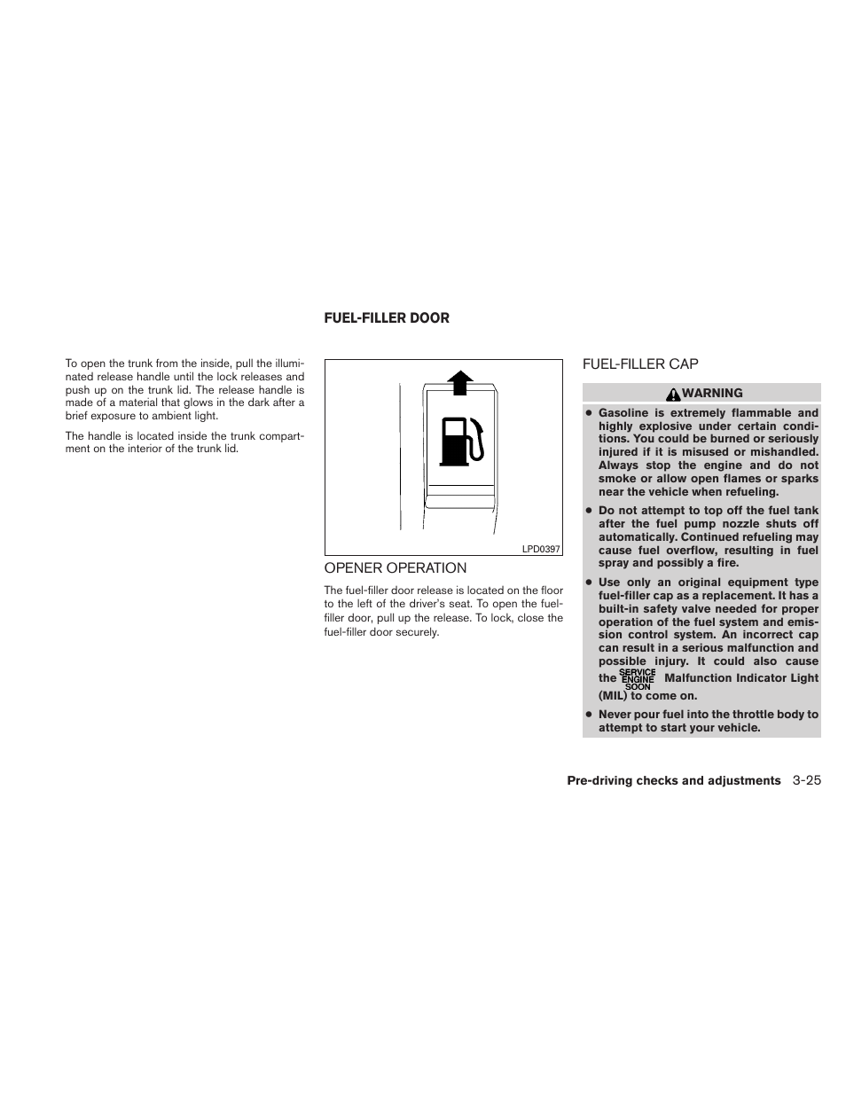 Fuel-filler door -25, Opener operation -25 fuel-filler cap -25 | NISSAN 2011 Altima User Manual | Page 160 / 446