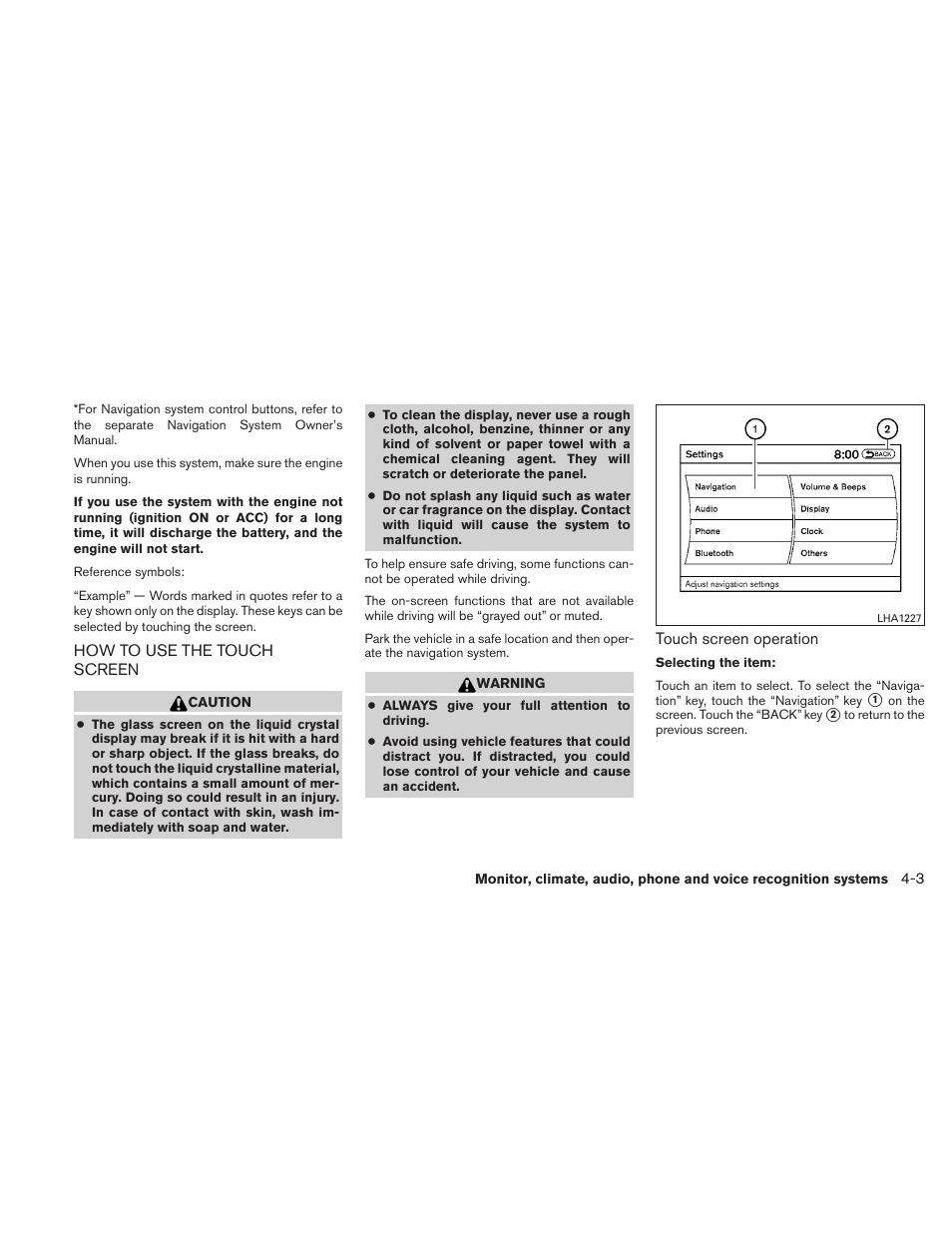 How to use the touch screen -3 | NISSAN 2011 Altima User Manual | Page 170 / 446