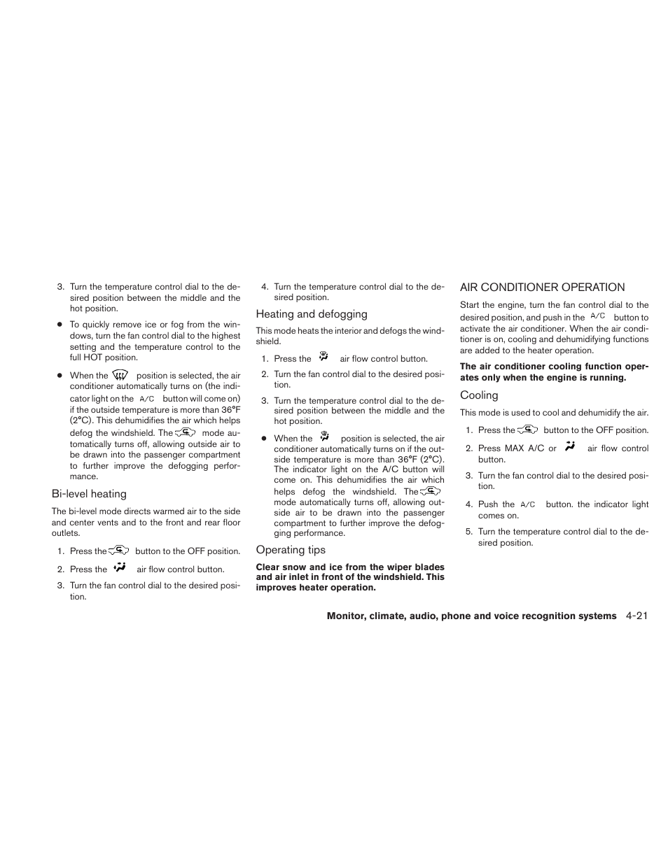 Air conditioner operation -21 | NISSAN 2011 Altima User Manual | Page 188 / 446