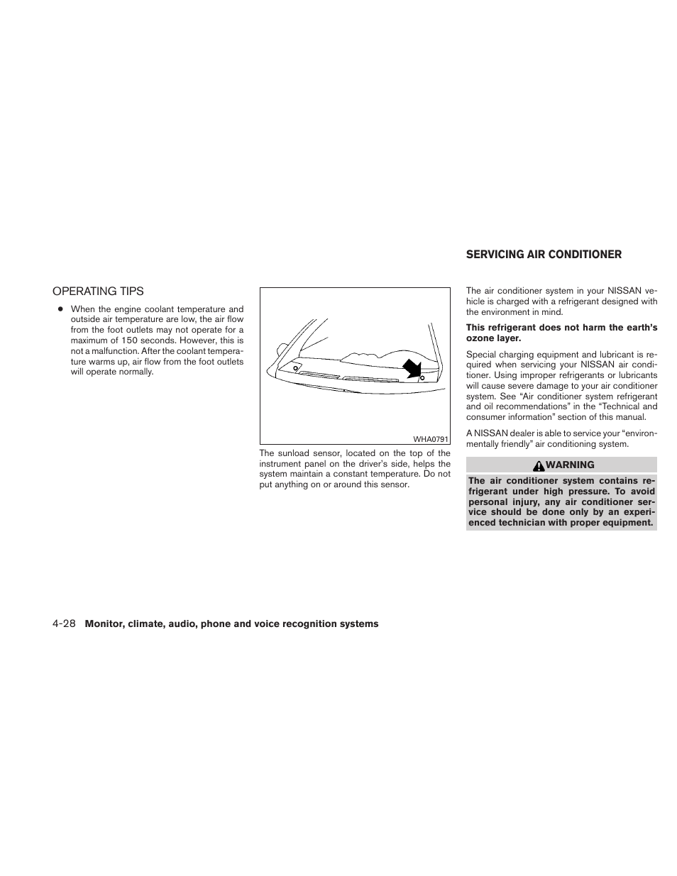 Operating tips -28, Servicing air conditioner -28 | NISSAN 2011 Altima User Manual | Page 195 / 446