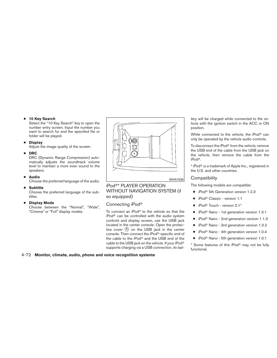 Ipod, Player operation without navigation, System (if so equipped) -72 | NISSAN 2011 Altima User Manual | Page 239 / 446