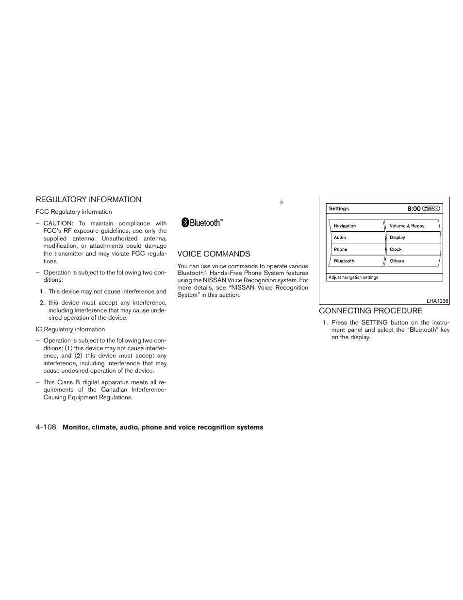 Regulatory information -108 voice commands -108, Connecting procedure -108 | NISSAN 2011 Altima User Manual | Page 275 / 446