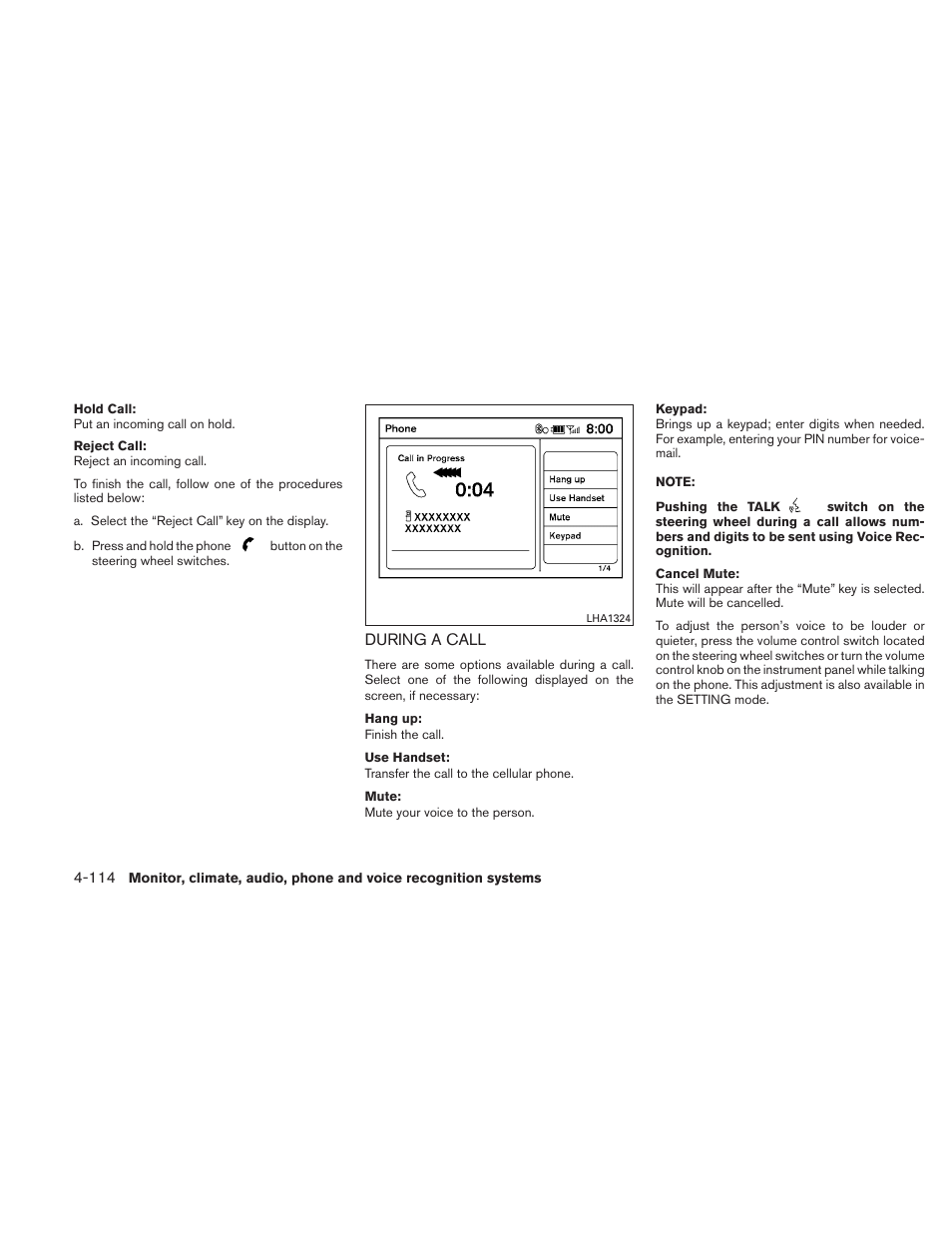 During a call -114 | NISSAN 2011 Altima User Manual | Page 281 / 446