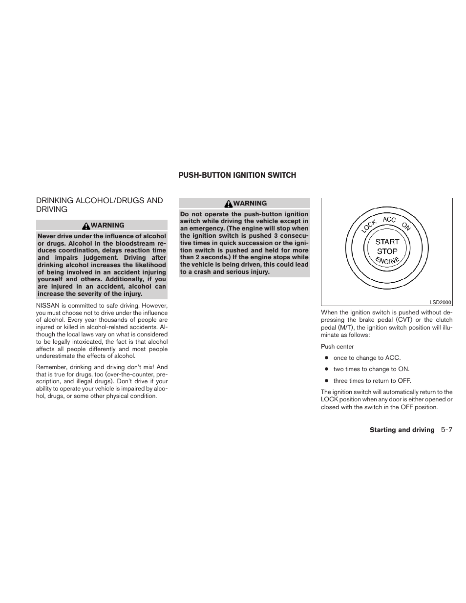 Drinking alcohol/drugs and driving -7, Push-button ignition switch -7 | NISSAN 2011 Altima User Manual | Page 314 / 446