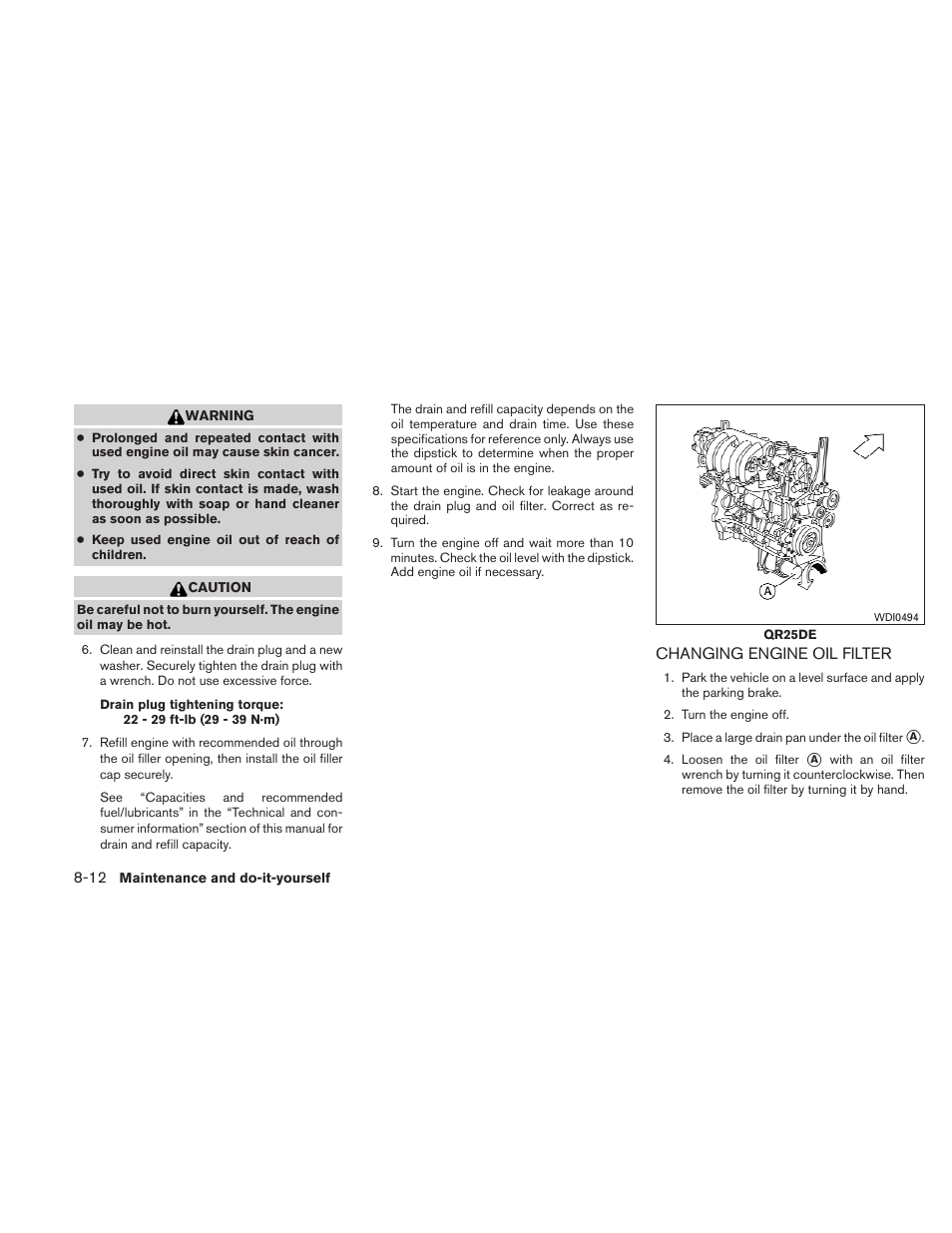 Changing engine oil filter -12 | NISSAN 2011 Altima User Manual | Page 371 / 446