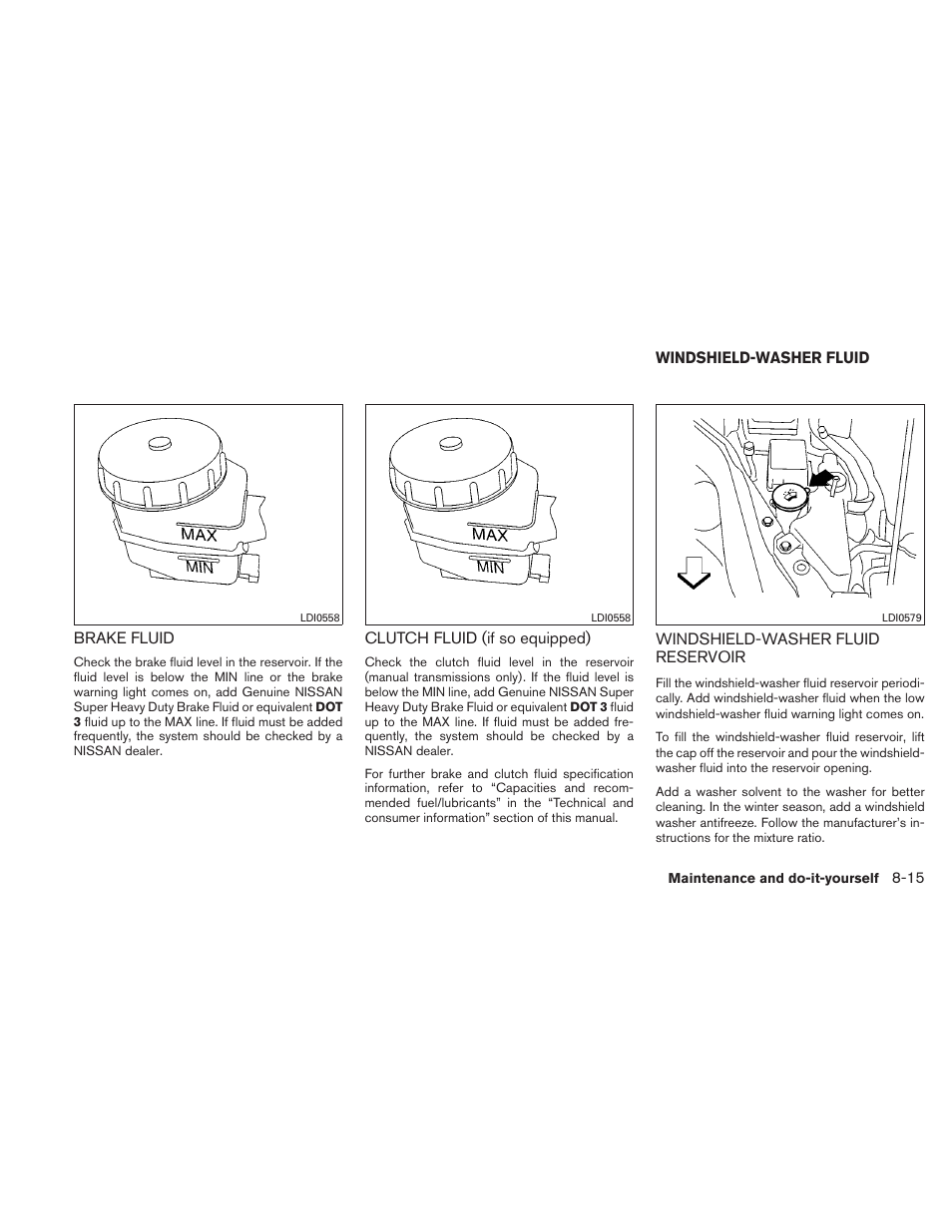 Brake fluid -15 clutch fluid (if so equipped) -15, Windshield-washer fluid -15, Windshield-washer fluid reservoir -15 | NISSAN 2011 Altima User Manual | Page 374 / 446