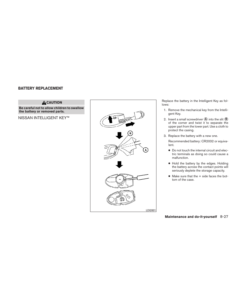 Battery replacement -27, Nissan intelligent key™ -27 | NISSAN 2011 Altima User Manual | Page 386 / 446