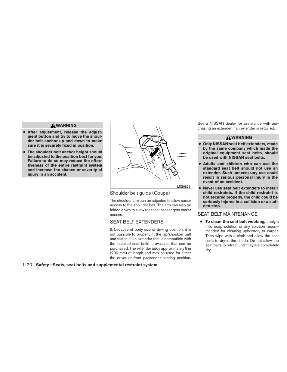 Seat belt extenders -20 seat belt maintenance -20 | NISSAN 2011 Altima User Manual | Page 39 / 446