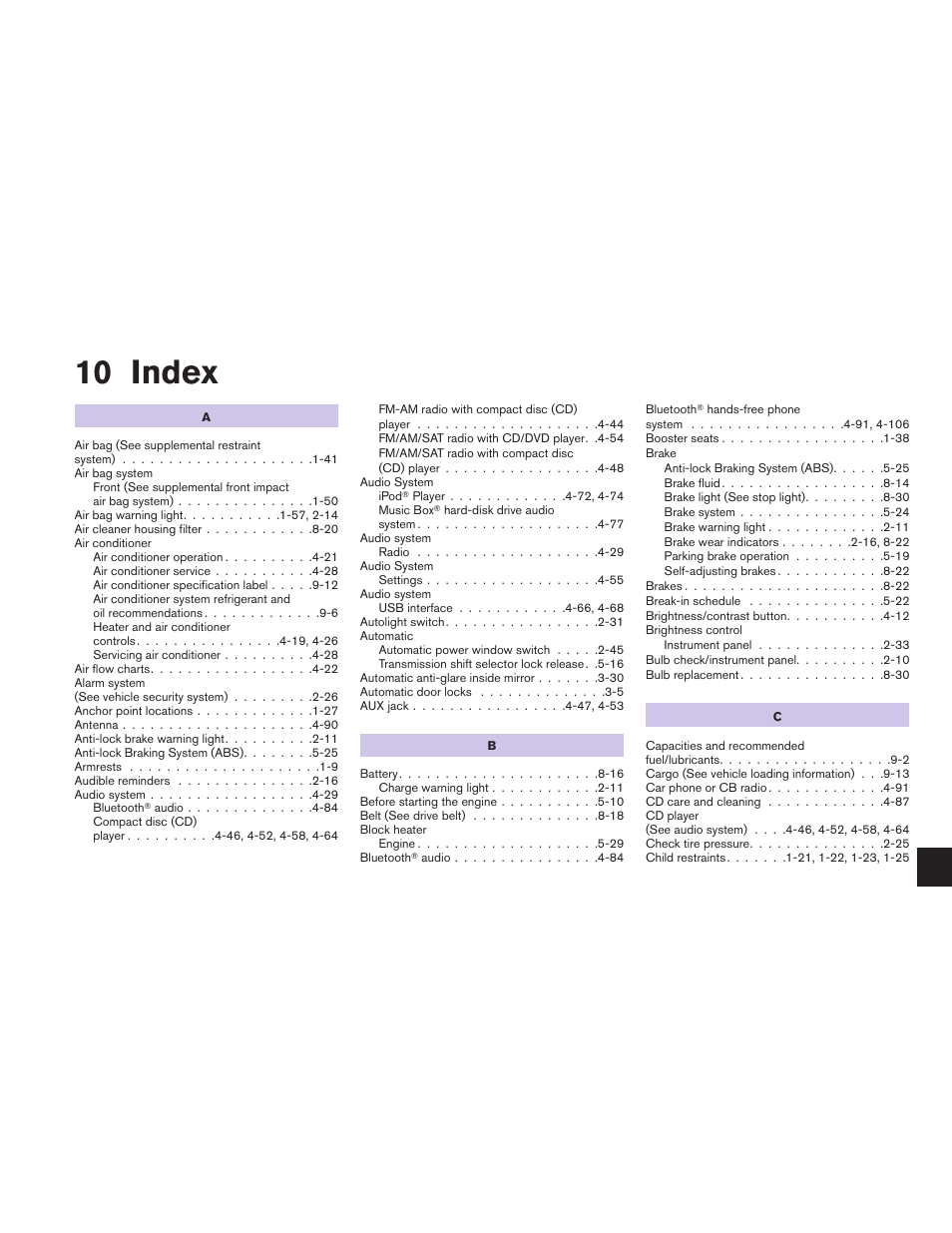 Index, 10 index | NISSAN 2011 Altima User Manual | Page 438 / 446