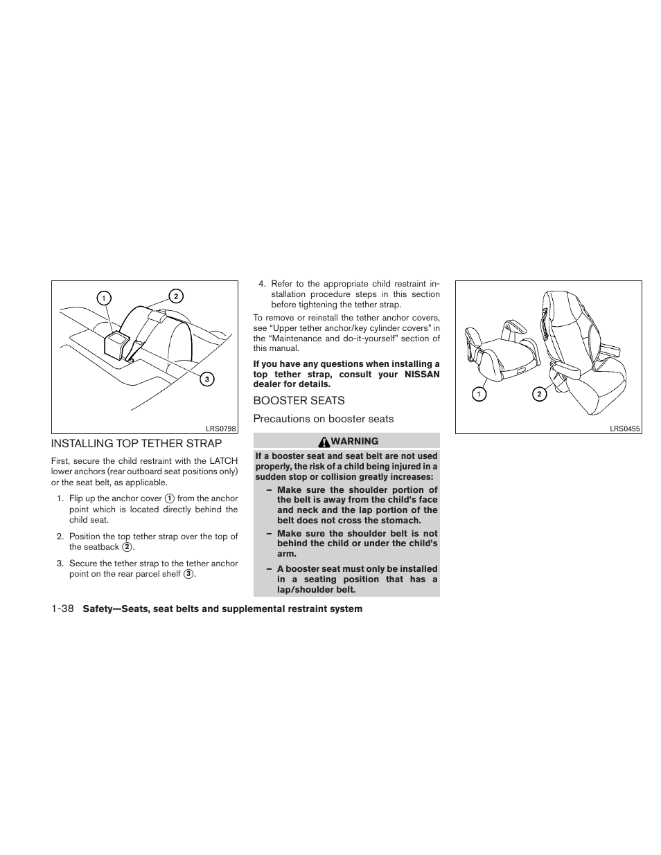 Installing top tether strap -38 booster seats -38 | NISSAN 2011 Altima User Manual | Page 57 / 446