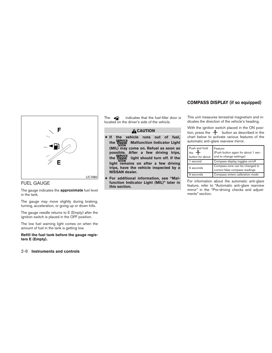 Fuel gauge -6, Compass display (if so equipped) -6, Fuel gauge | Compass display (if so equipped) | NISSAN 2011 Altima User Manual | Page 85 / 446