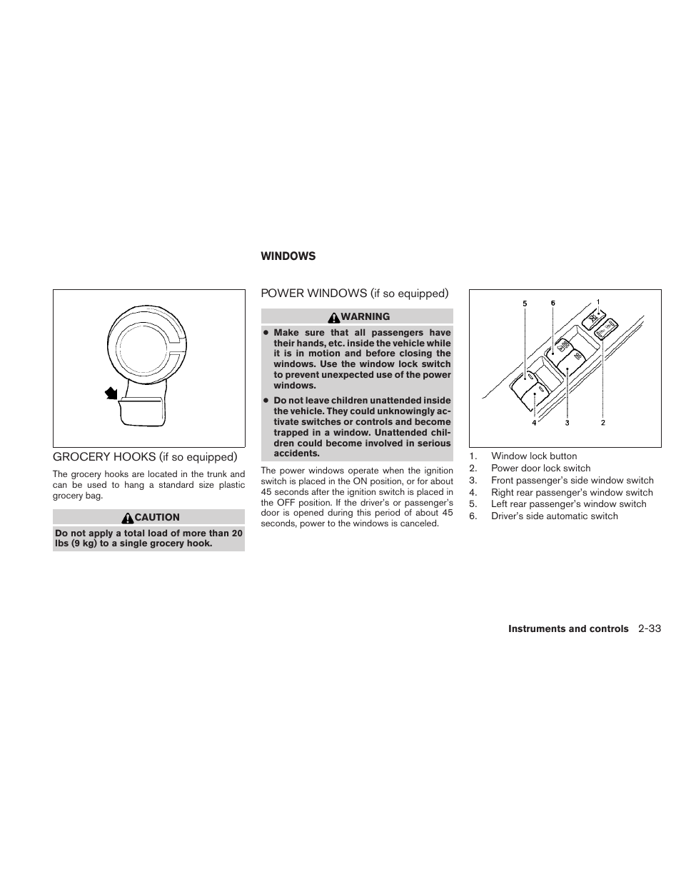 Grocery hooks (if so equipped) -33, Windows -33, Power windows (if so equipped) -33 | NISSAN 2010 Sentra User Manual | Page 110 / 331