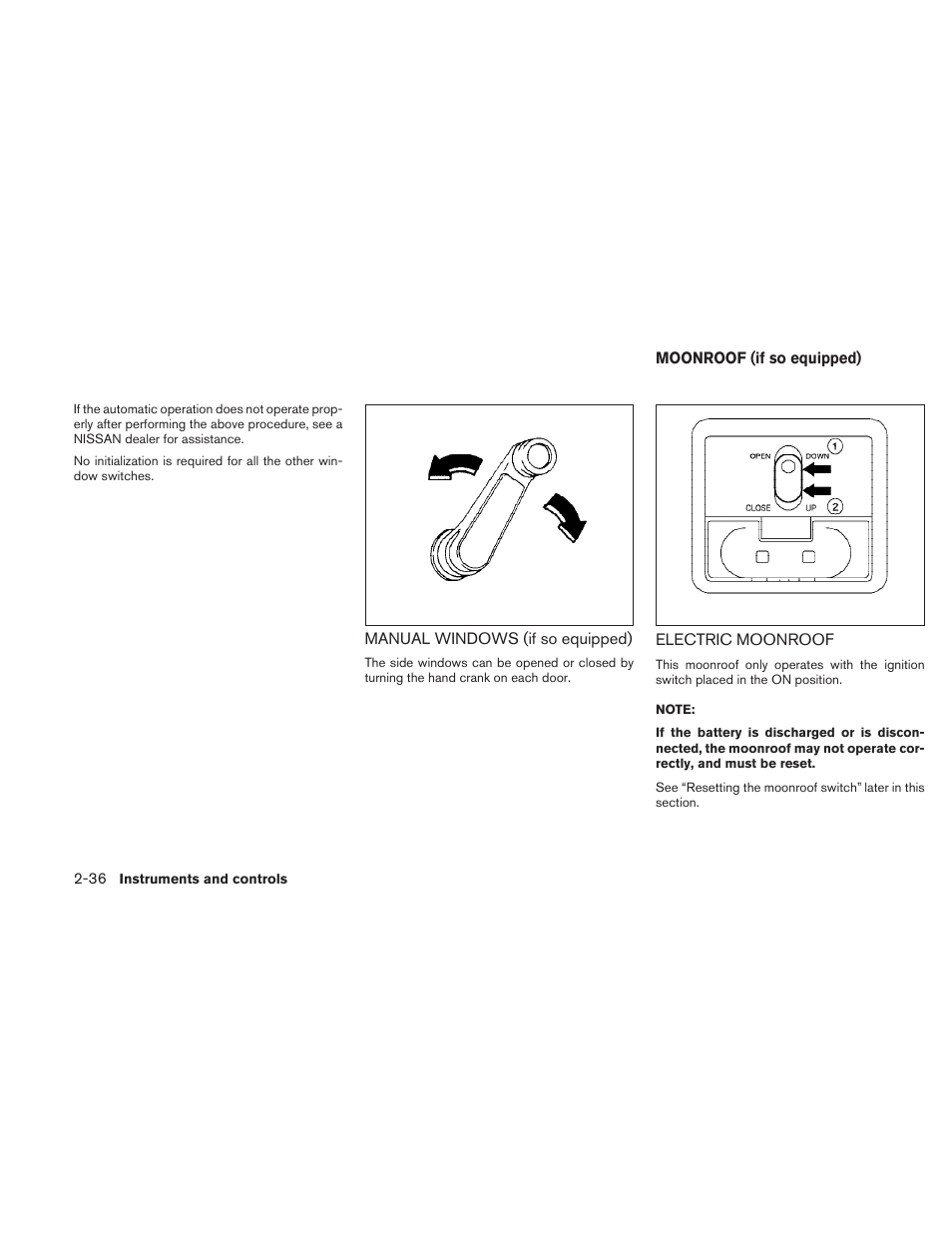 Manual windows (if so equipped) -36, Moonroof (if so equipped) -36, Electric moonroof -36 | NISSAN 2010 Sentra User Manual | Page 113 / 331