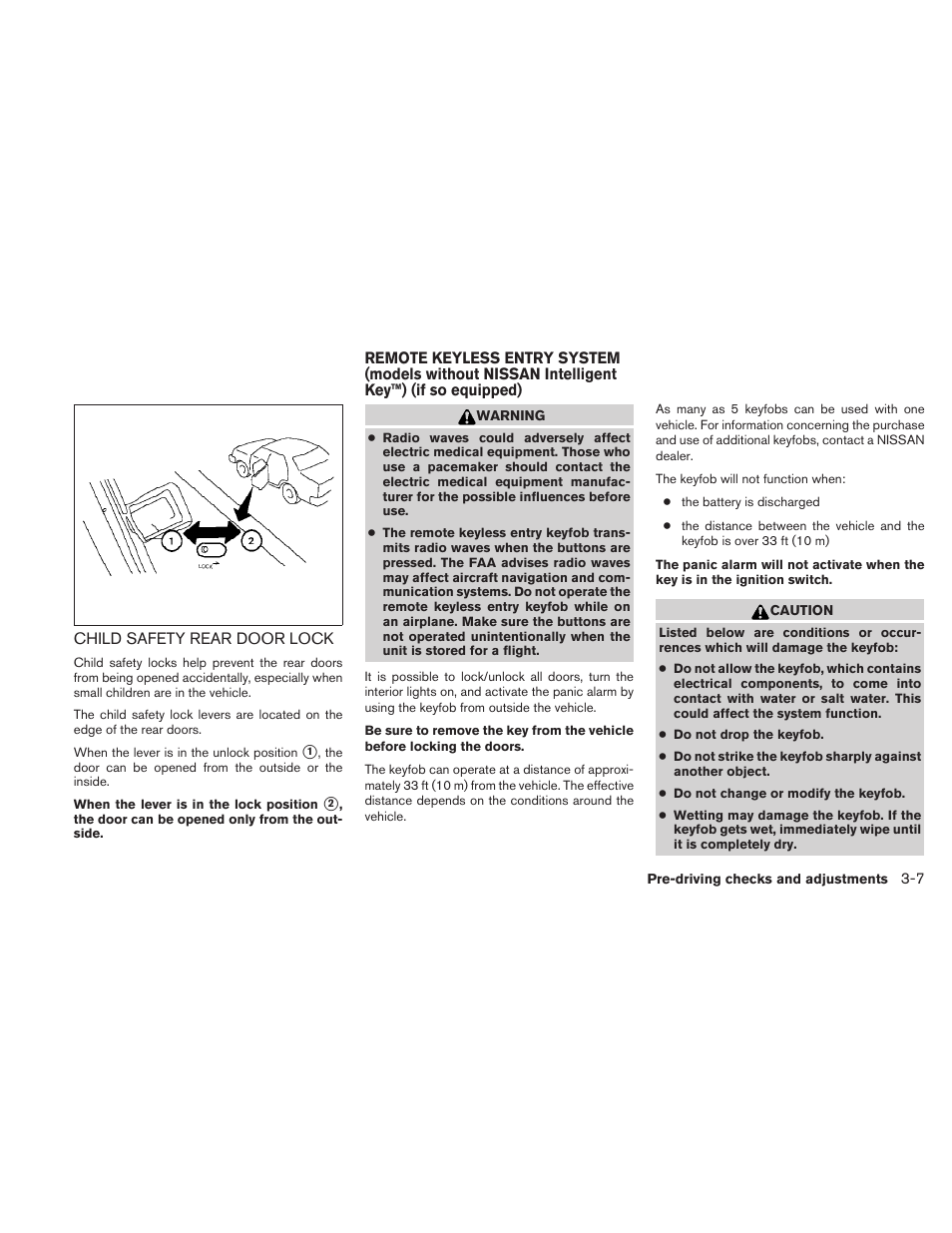 Child safety rear door lock -7, Remote keyless entry system (models without, Nissan intelligent key™) (if so equipped) -7 | NISSAN 2010 Sentra User Manual | Page 124 / 331