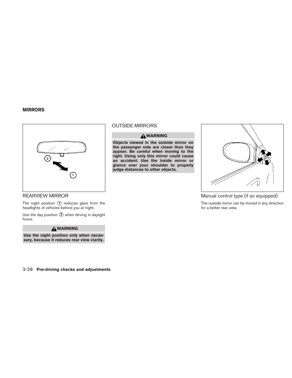 Mirrors -28, Rearview mirror -28 outside mirrors -28 | NISSAN 2010 Sentra User Manual | Page 145 / 331