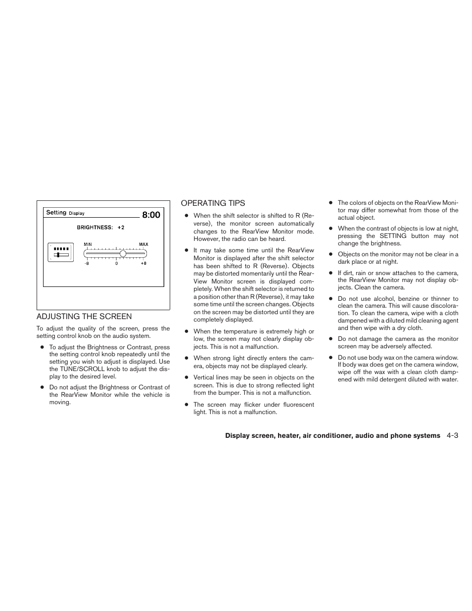 Adjusting the screen -3 operating tips -3 | NISSAN 2010 Sentra User Manual | Page 150 / 331