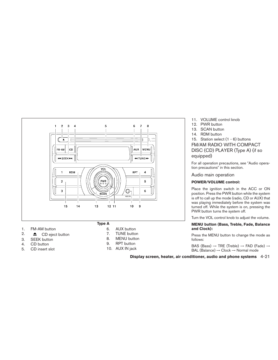 Fm/am radio with compact disc (cd) player, Type a) (if so equipped) -21 | NISSAN 2010 Sentra User Manual | Page 168 / 331