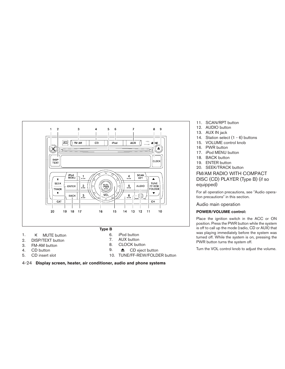 Fm/am radio with compact disc (cd) player, Type b) (if so equipped) -24 | NISSAN 2010 Sentra User Manual | Page 171 / 331