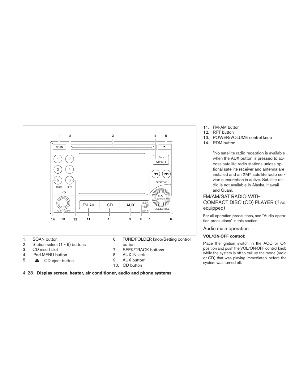 Fm/am/sat radio with compact disc (cd), Player (if so equipped) -28 | NISSAN 2010 Sentra User Manual | Page 175 / 331