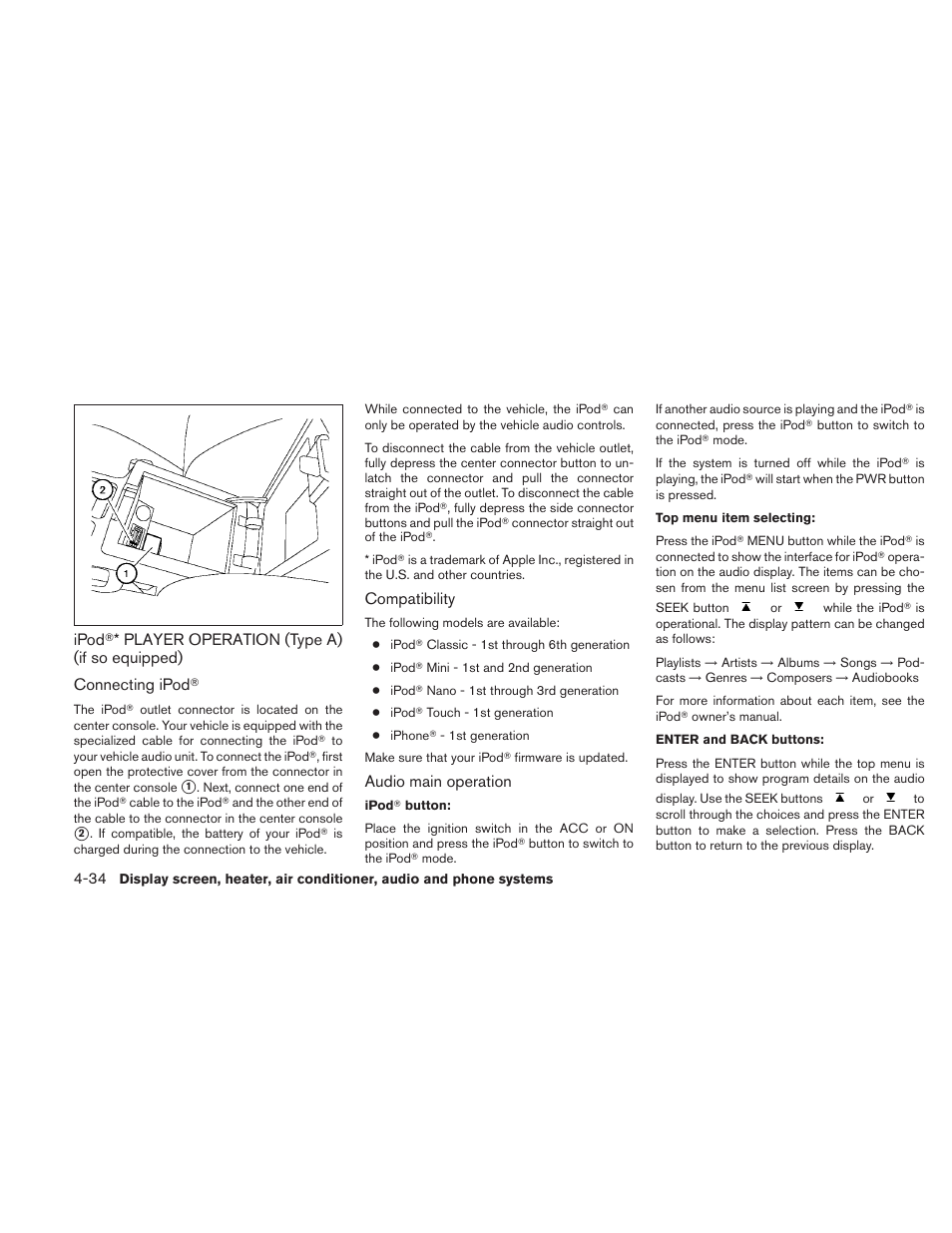 Ipod, Player operation (type a), If so equipped) -34 | NISSAN 2010 Sentra User Manual | Page 181 / 331